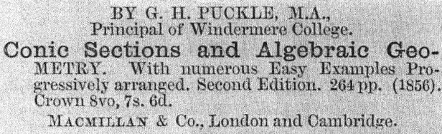 1863 advertisement for G.H. Puckle's book on conic sections and algebraic geometry
