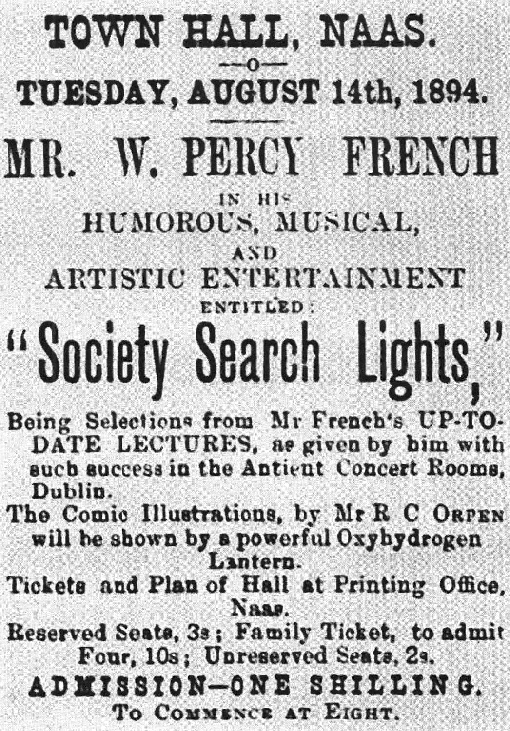 Advertisement for Percy French entertainment in Naas Town Hall, August 1894