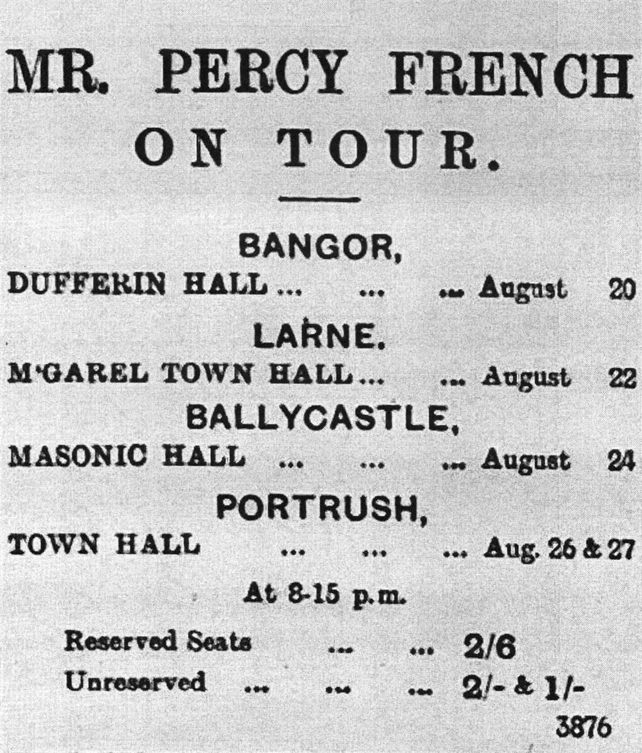 Advertisement for Percy French entertainments in various Ulster towns, August 1908