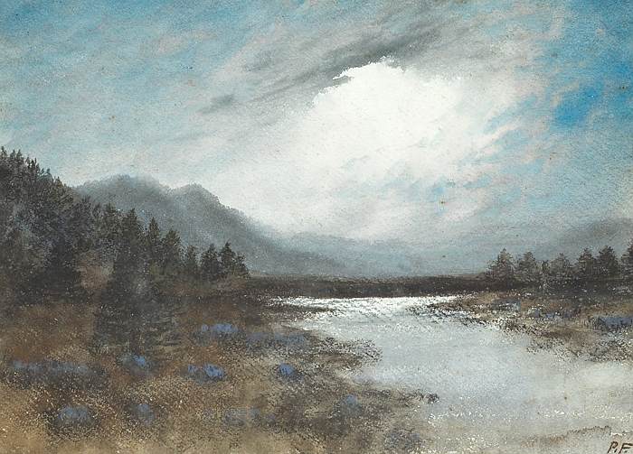 percy french painting of landscape with pine trees and lake