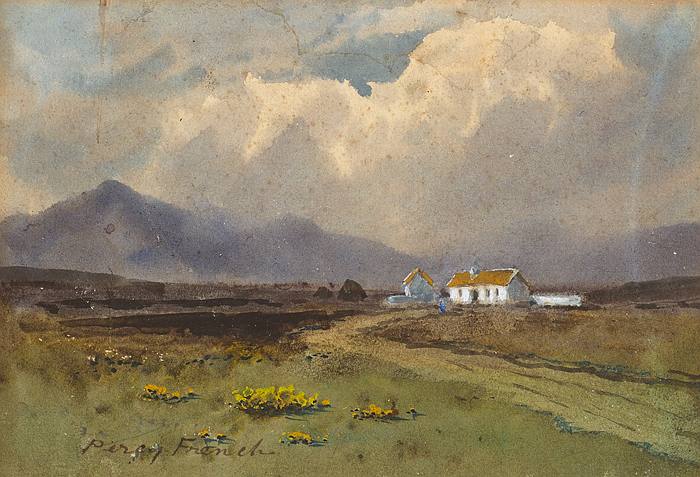 percy french painting of cottages with mountain range in the distance