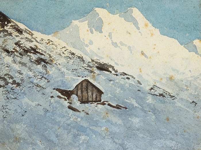 percy french painting of snow scene with log cabin, switzerland