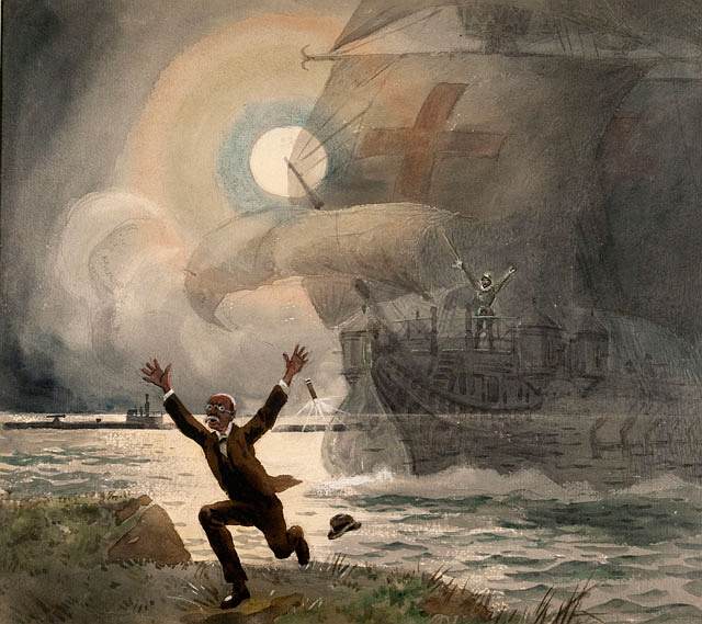 percy french painting of ghostly ship & Submarine